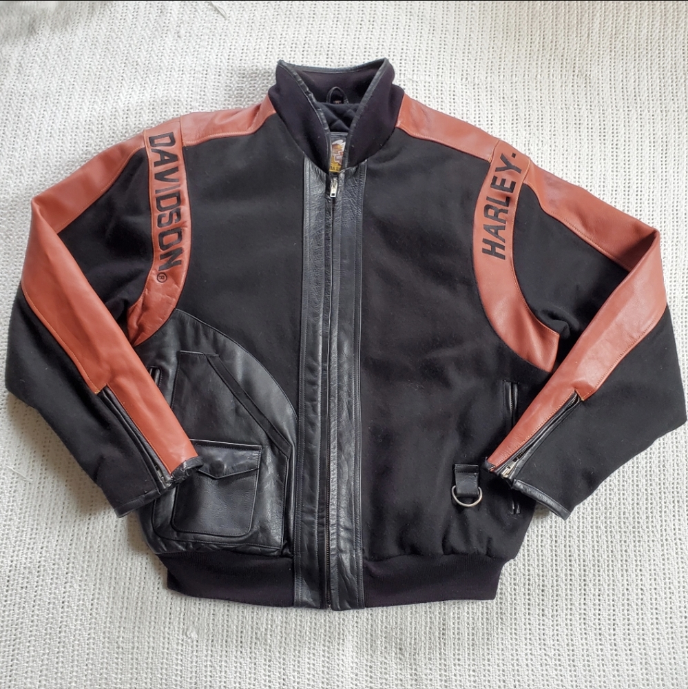Harley Davidson Vintage Men's Medium Wool Leather Jacket Black Orange EUC